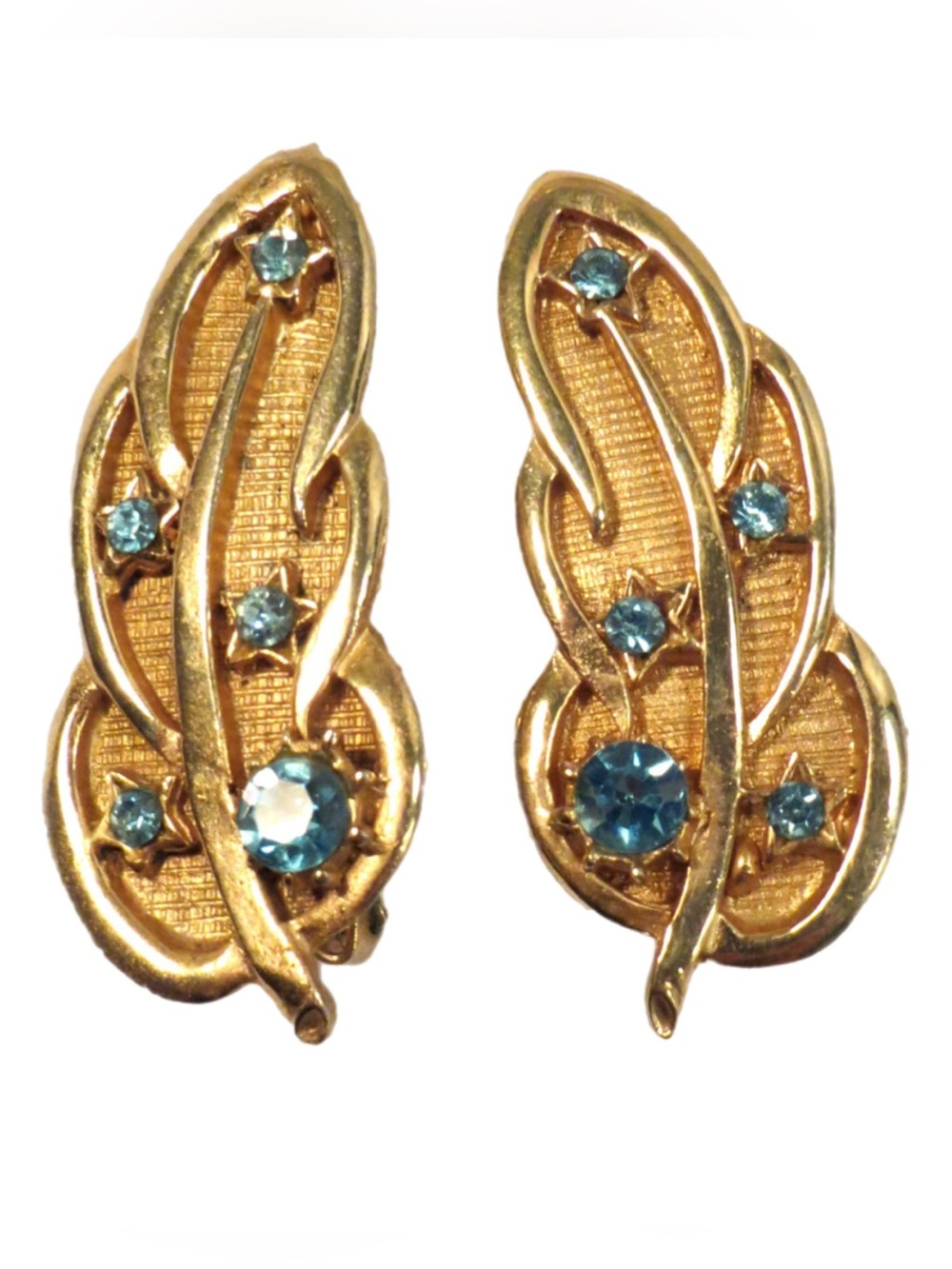 Vintage Earrings - Leaf w/Aquamarine Rhinestones - Clips